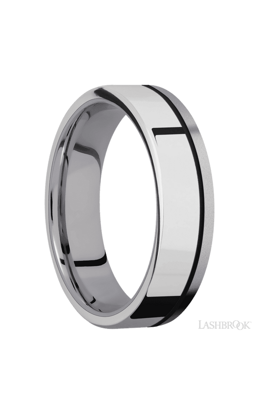 6 mm wide/Flat/Tantalum band with one 4 mm Off Center Edge inlay of Palladium Silver.