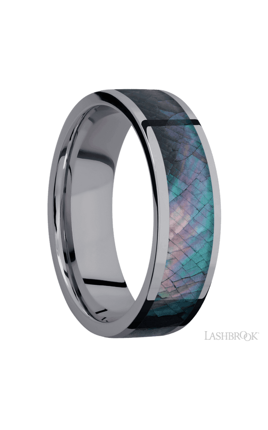 7 mm wide/Flat/Tantalum band with one 5 mm Centered inlay of Black Mother of Pearl.