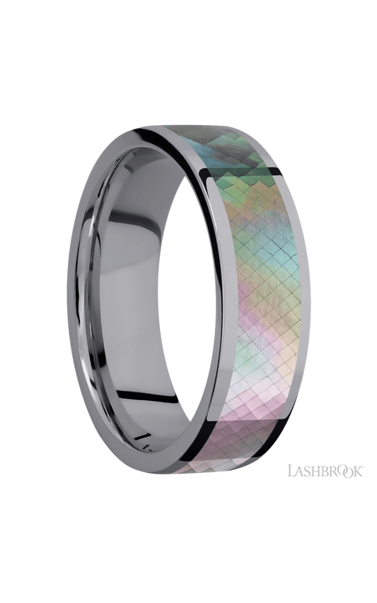 7 mm wide/Flat/Tantalum band with one 5 mm Centered inlay of Black Mother of Pearl.
