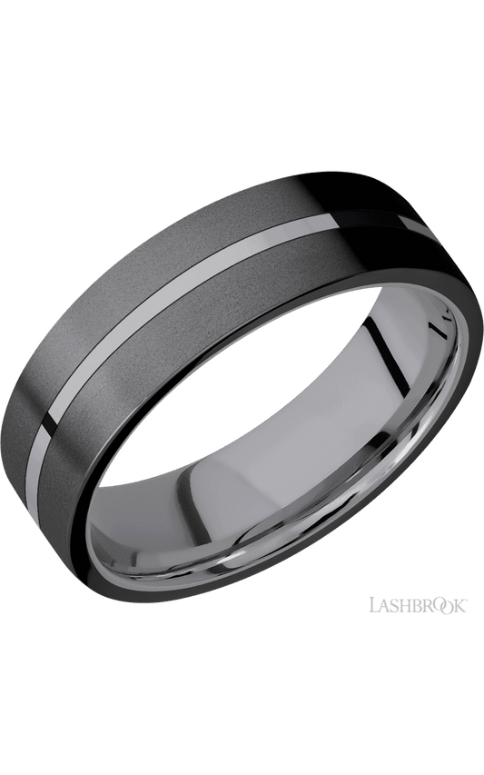 7 mm wide/Flat/Tantalum band with two 3 mm Double Off Center Edge inlays of Zirconium.