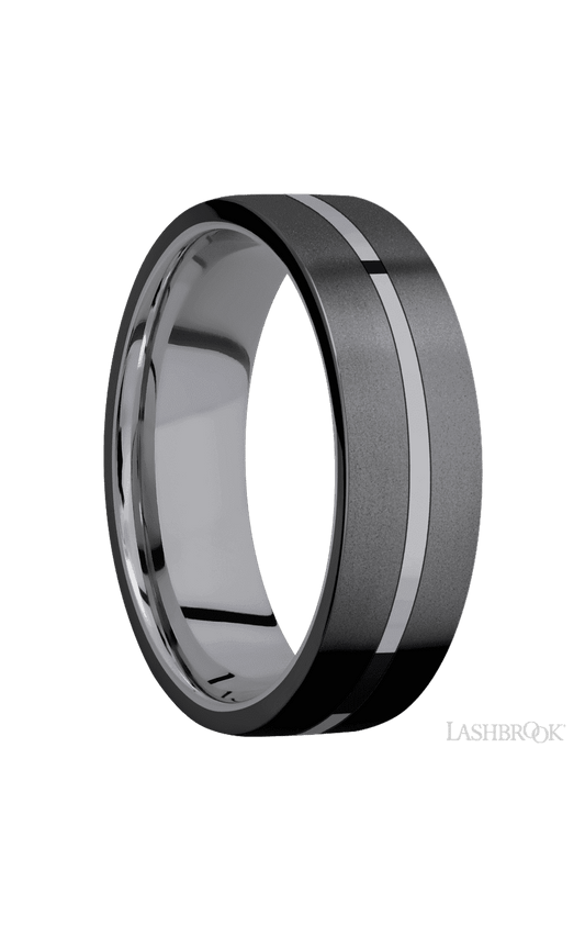 7 mm wide/Flat/Tantalum band with two 3 mm Double Off Center Edge inlays of Zirconium.