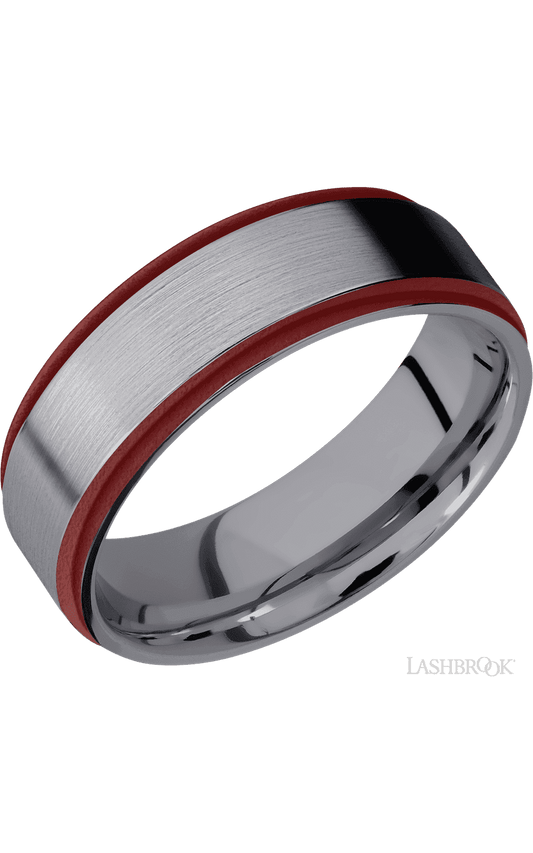7 mm wide/Flat Grooved Edges/Tantalum band with two 1 mm Edge inlays of Crimson.