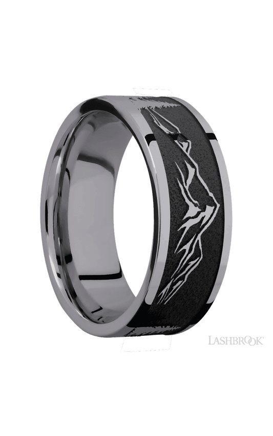 8 mm wide/Flat/Tantalum band with a laser carved Mountain 2 pattern.