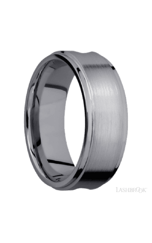 8 mm wide/Flat Grooved Edges/Tantalum band with one 5 mm Centered inlay of Walnut.