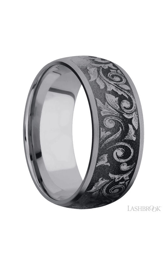 9 mm wide/Domed/Tantalum band with a laser carved Western Scroll pattern.