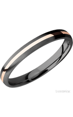 3 mm wide/Domed/Zirconium band with one 1 mm Centered inlay of 14K Rose Gold.