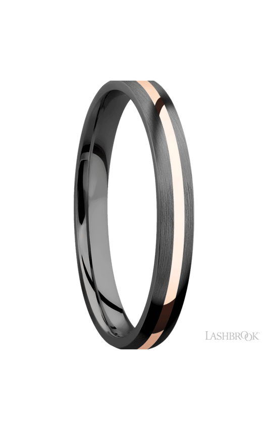 3 mm wide/Domed/Zirconium band with one 1 mm Centered inlay of 14K Rose Gold.