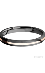 3 mm wide/Domed/Zirconium band with one 1 mm Centered inlay of 14K Rose Gold.