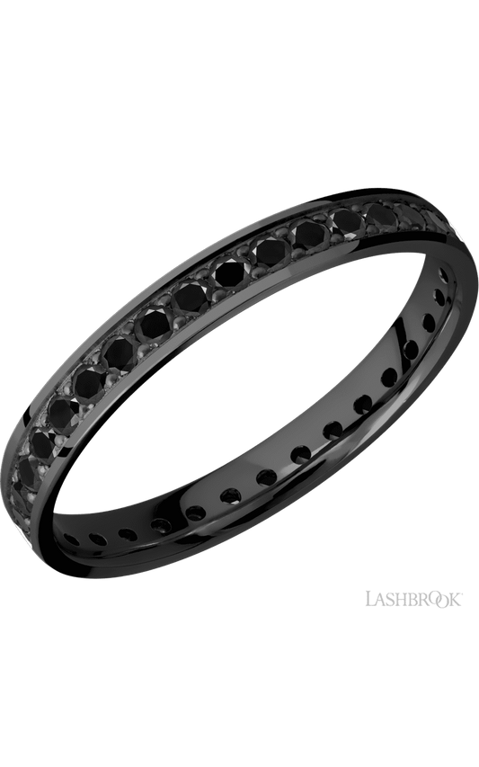 3 mm wide/Flat/Zirconium band with an Eternity arrangement of .03 carat Round Black Diamond stones in a Bead setting.