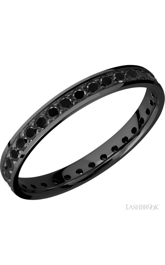 3 mm wide/Flat/Zirconium band with an Eternity arrangement of .03 carat Round Black Diamond stones in a Bead setting.