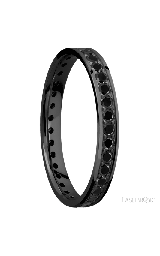 3 mm wide/Flat/Zirconium band with an Eternity arrangement of .03 carat Round Black Diamond stones in a Bead setting.