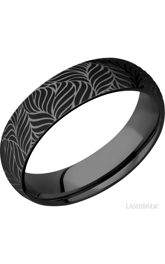 6 mm wide/Domed/Zirconium band with a laser carved Twisted Leaf pattern.