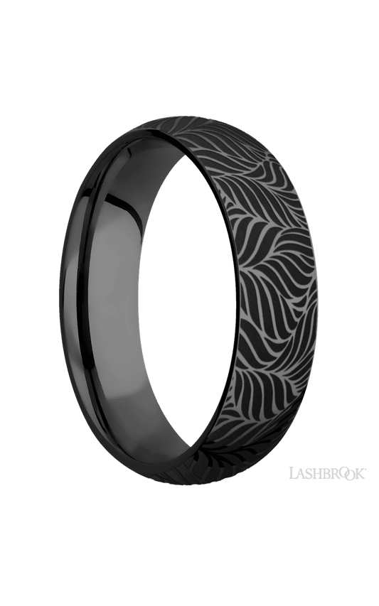 6 mm wide/Domed/Zirconium band with a laser carved Twisted Leaf pattern.