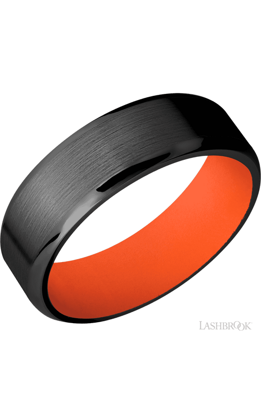 7 mm wide Beveled Zirconium band featuring a Hunter Orange sleeve.