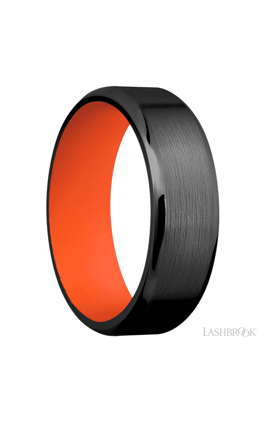 7 mm wide Beveled Zirconium band featuring a Hunter Orange sleeve.