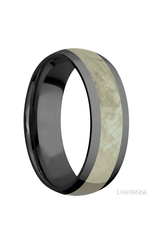 7 mm wide/Domed/Zirconium band with one 4 mm Centered inlay of Freshwater Mother of Pearl.