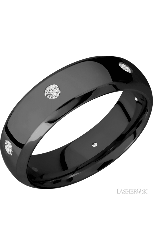 7 mm wide/Domed Bevel/Zirconium band with a 6X Even arrangement of .07 carat Round Diamond stones in a Flush setting.