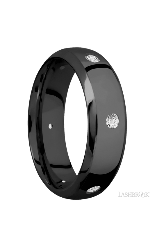 7 mm wide/Domed Bevel/Zirconium band with a 6X Even arrangement of .07 carat Round Diamond stones in a Flush setting.