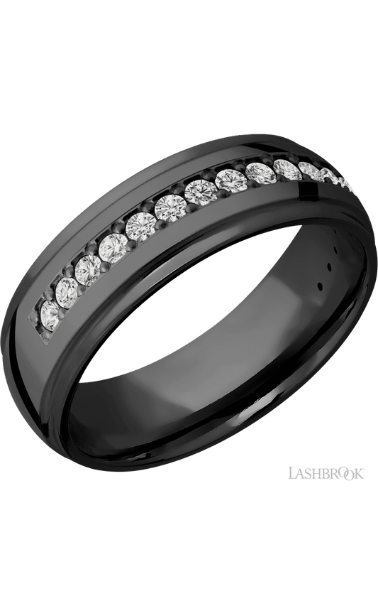 7 mm wide/Domed Stepped Down Edges/Zirconium band with a Half Eternity arrangement of .03 carat Round Diamond stones in a Bead setting.