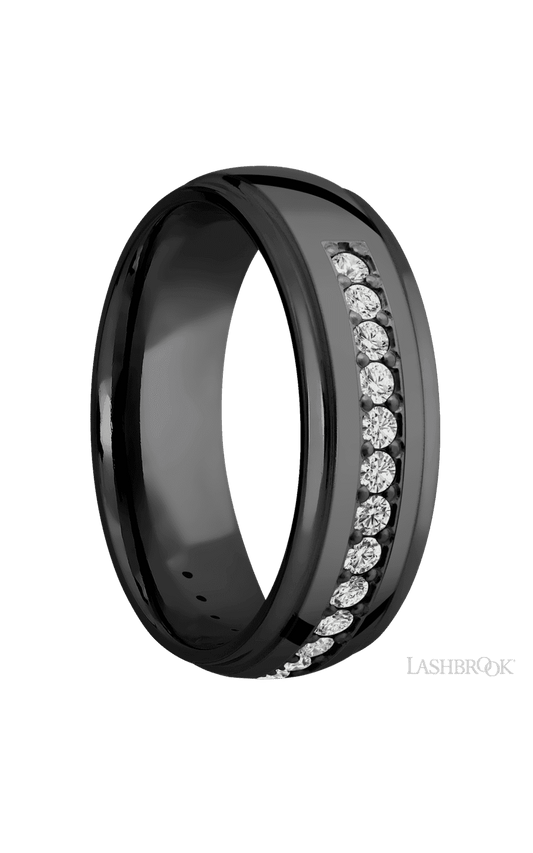 7 mm wide/Domed Stepped Down Edges/Zirconium band with a Half Eternity arrangement of .03 carat Round Diamond stones in a Bead setting.