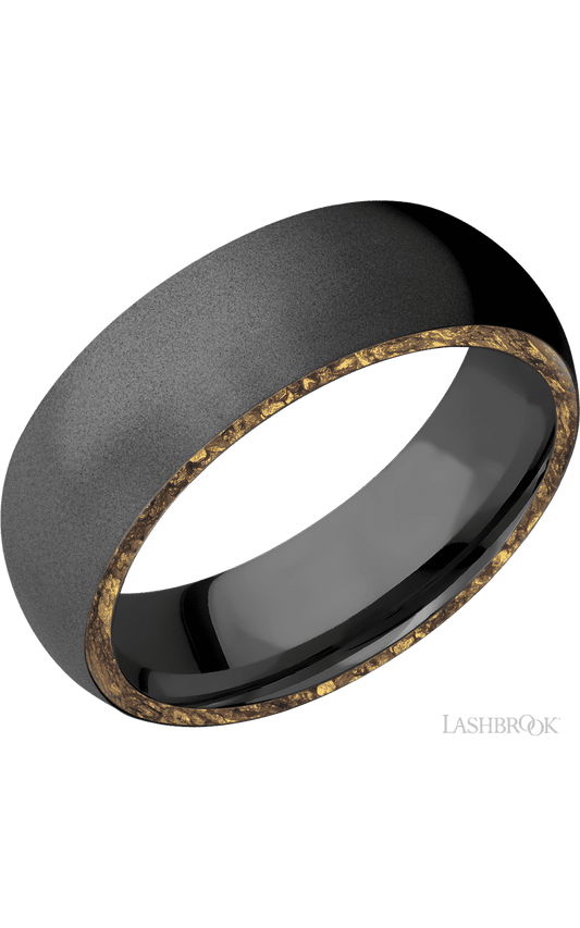 7 mm wide/Domed/Zirconium band with two 1 mm Side inlays of Alaskan Gold Nugget.
