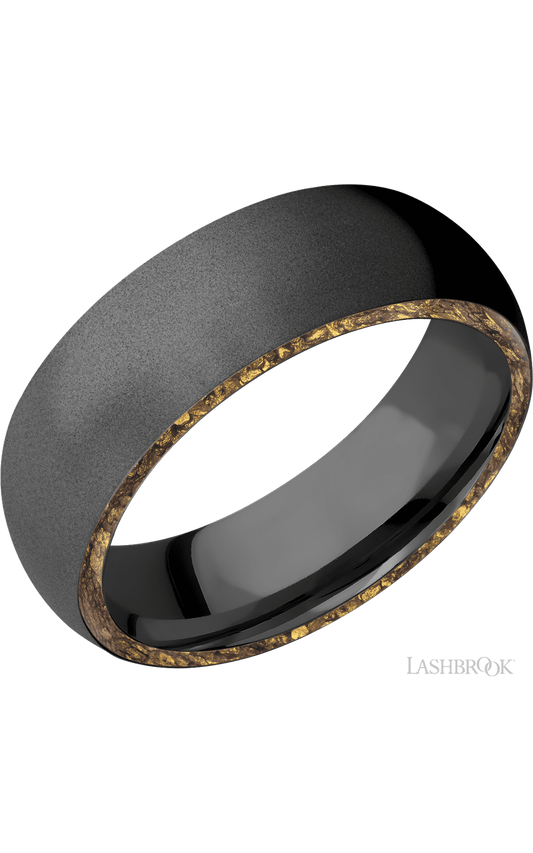7 mm wide/Domed/Zirconium band with two 1 mm Side inlays of Alaskan Gold Nugget.