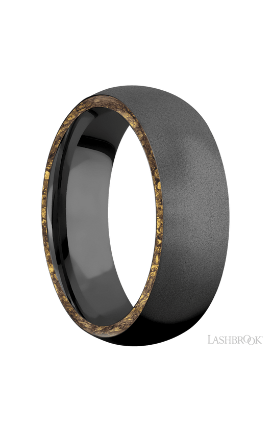 7 mm wide/Domed/Zirconium band with two 1 mm Side inlays of Alaskan Gold Nugget.