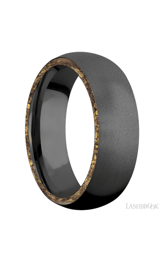 7 mm wide/Domed/Zirconium band with two 1 mm Side inlays of Alaskan Gold Nugget.
