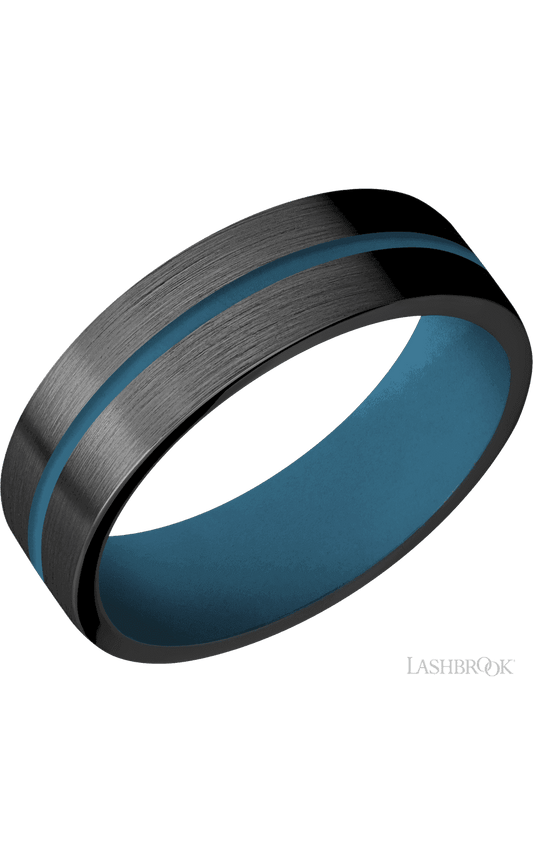 7 mm wide/Flat/Zirconium band with one 1 mm Centered inlay of Royal Blue also featuring a Royal Blue sleeve.