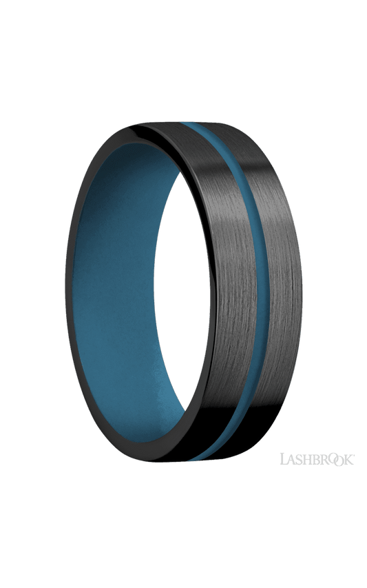 7 mm wide/Flat/Zirconium band with one 1 mm Centered inlay of Royal Blue also featuring a Royal Blue sleeve.