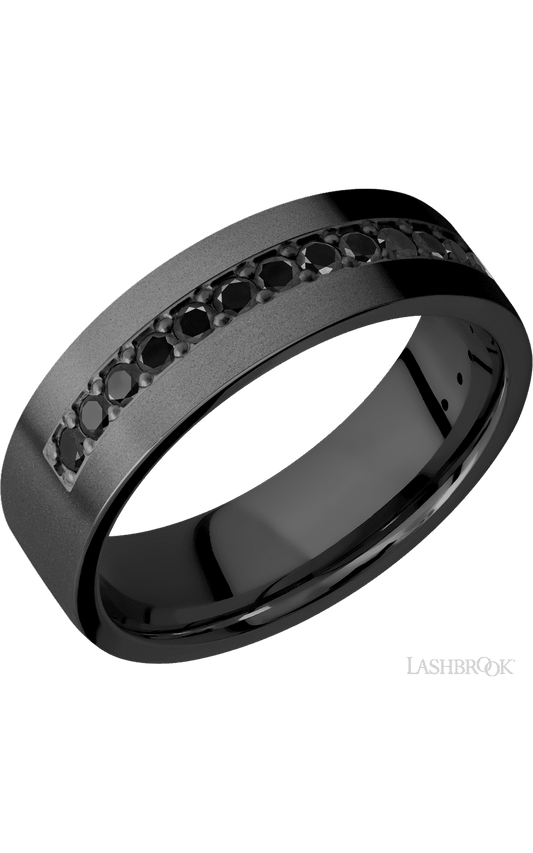 7 mm wide/Flat/Zirconium band with a Half Eternity arrangement of .03 carat Round Black Diamond stones in a Bead setting.