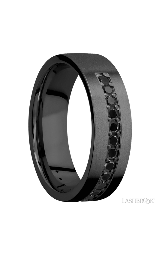 7 mm wide/Flat/Zirconium band with a Half Eternity arrangement of .03 carat Round Black Diamond stones in a Bead setting.