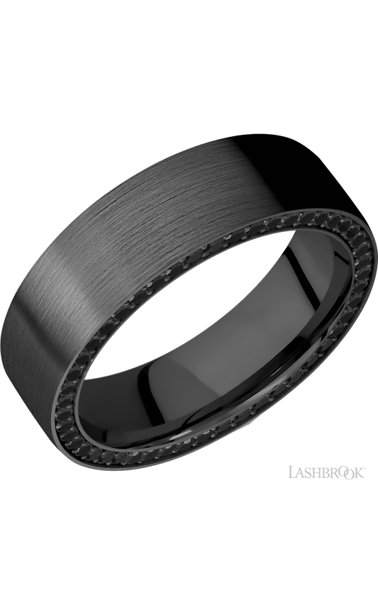 7 mm wide/Flat/Zirconium band with a Side Eternity arrangement of .01 carat Round Black Diamond stones in a Bead setting.