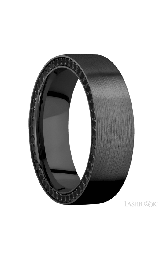 7 mm wide/Flat/Zirconium band with a Side Eternity arrangement of .01 carat Round Black Diamond stones in a Bead setting.