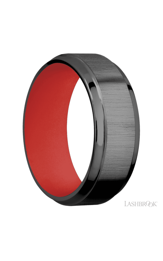 8 mm wide Stepped Bevel Zirconium band featuring a USMC Red sleeve.