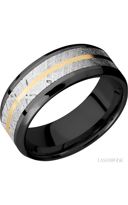 8 mm wide/Beveled/Zirconium band featuring inlays of Meteorite and 14K Yellow Gold.