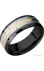 8 mm wide/Beveled/Zirconium band featuring inlays of Meteorite and 14K Yellow Gold.