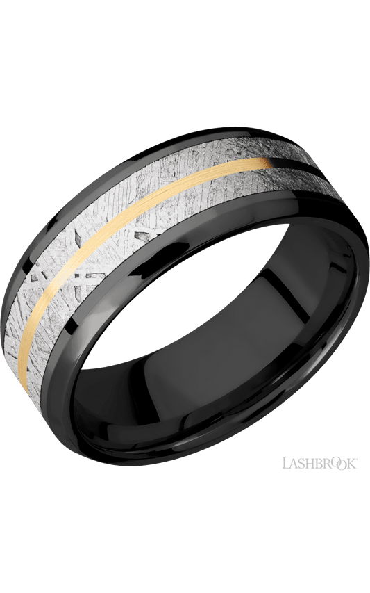 8 mm wide/Beveled/Zirconium band featuring inlays of Meteorite and 14K Yellow Gold.