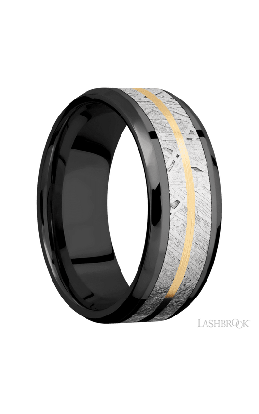 8 mm wide/Beveled/Zirconium band featuring inlays of Meteorite and 14K Yellow Gold.