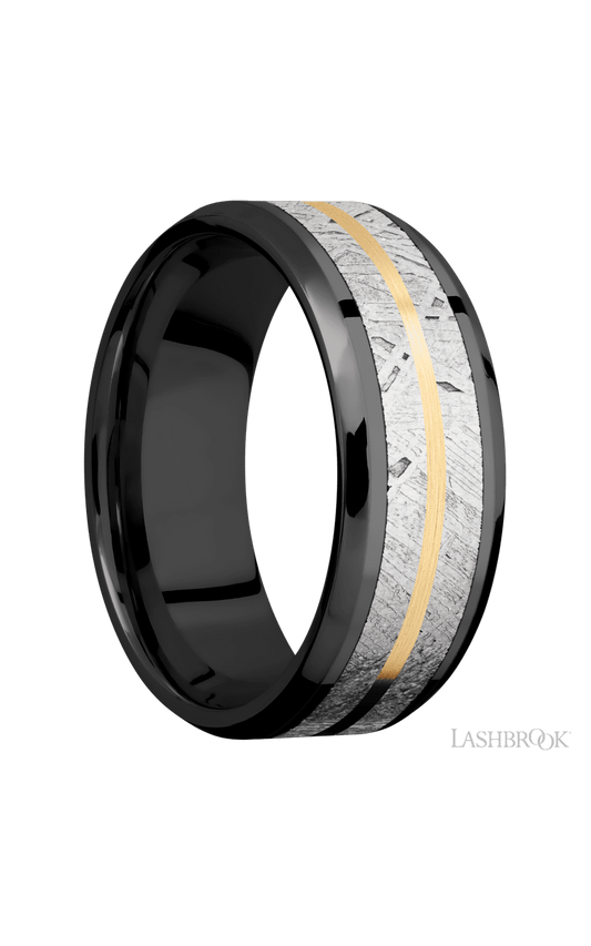 8 mm wide/Beveled/Zirconium band featuring inlays of Meteorite and 14K Yellow Gold.