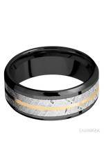 8 mm wide/Beveled/Zirconium band featuring inlays of Meteorite and 14K Yellow Gold.