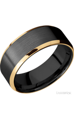 8 mm wide/Beveled/Zirconium band with two 1 mm Edge inlays of 14K Yellow Gold.