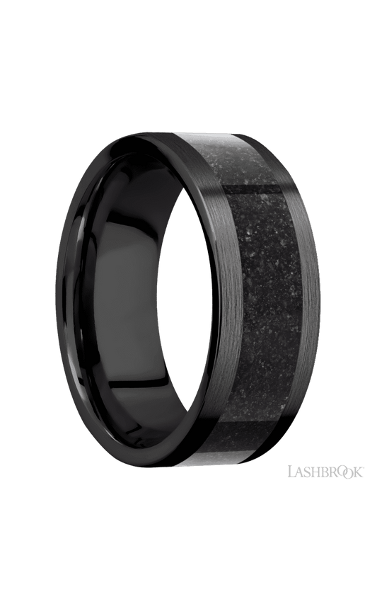 8 mm wide/Flat/Zirconium band with one 5 mm Centered inlay of Dinosaur Bone Black.