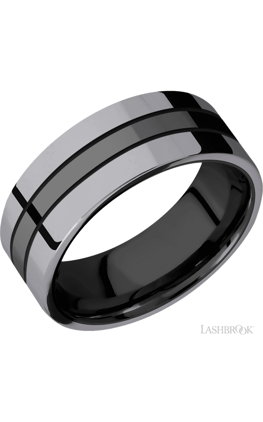 8 mm wide/Flat/Zirconium band with two 3 mm Double Off Center Edge inlays of Tantalum.