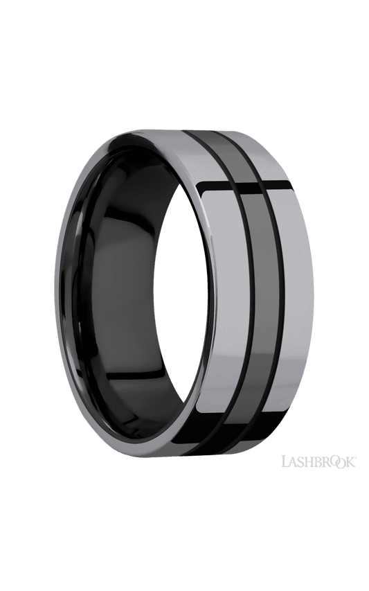 8 mm wide/Flat/Zirconium band with two 3 mm Double Off Center Edge inlays of Tantalum.