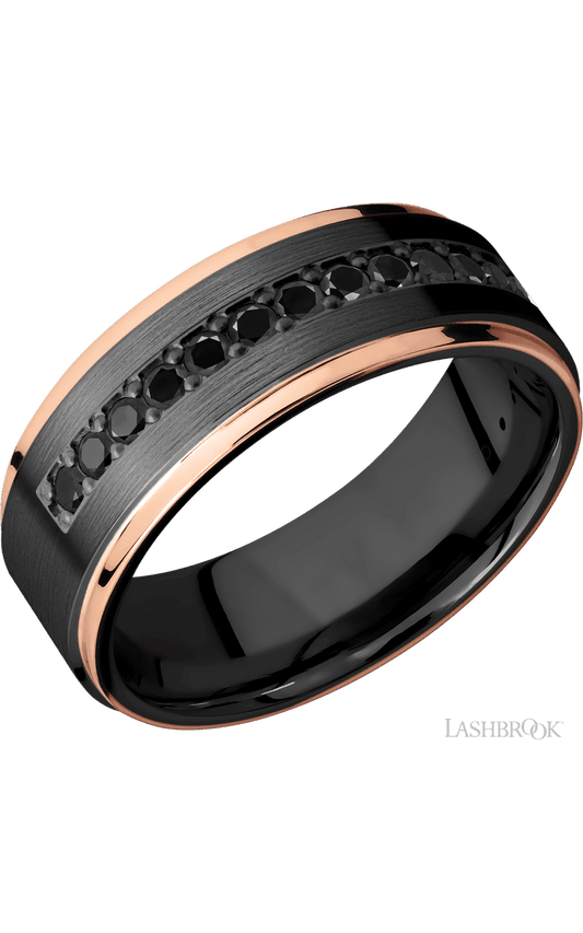 8 mm wide/Flat Grooved Edges/Zirconium band with a Half Eternity arrangement of .03 carat Round Black Diamond stones in a Bead setting and featuring two 1 mm Edge inlays of 14K Rose Gold
