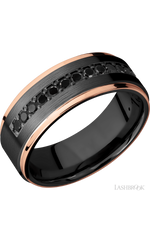 8 mm wide/Flat Grooved Edges/Zirconium band with a Half Eternity arrangement of .03 carat Round Black Diamond stones in a Bead setting and featuring two 1 mm Edge inlays of 14K Rose Gold