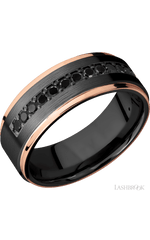 8 mm wide/Flat Grooved Edges/Zirconium band with a Half Eternity arrangement of .03 carat Round Black Diamond stones in a Bead setting and featuring two 1 mm Edge inlays of 14K Rose Gold
