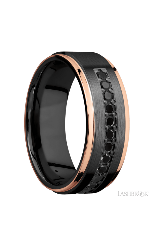 8 mm wide/Flat Grooved Edges/Zirconium band with a Half Eternity arrangement of .03 carat Round Black Diamond stones in a Bead setting and featuring two 1 mm Edge inlays of 14K Rose Gold