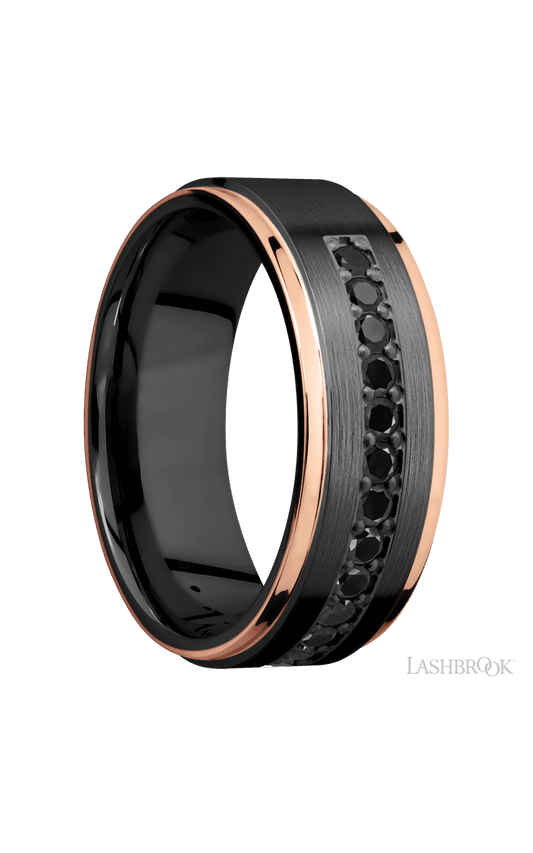 8 mm wide/Flat Grooved Edges/Zirconium band with a Half Eternity arrangement of .03 carat Round Black Diamond stones in a Bead setting and featuring two 1 mm Edge inlays of 14K Rose Gold